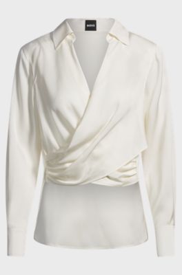 Wrap-front blouse in stretch silk, Natural