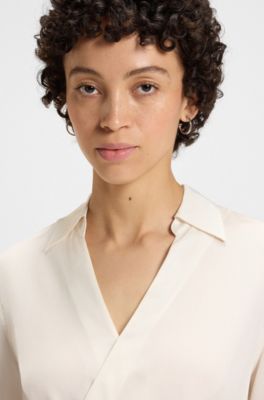 Wrap-front blouse in stretch silk, White