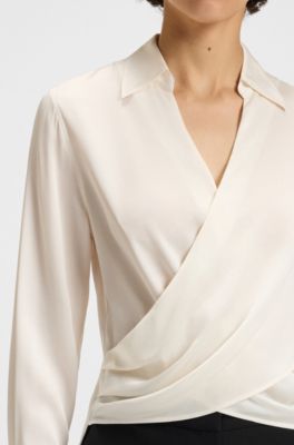 Wrap-front blouse in stretch silk, White