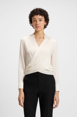 Wrap-front blouse in stretch silk, White