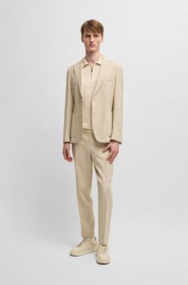 Linen-blend knit sweater with zip placket, Natural