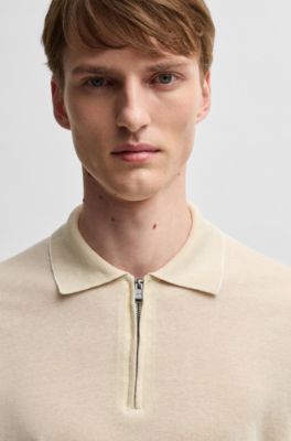 Linen-blend knit sweater with zip placket, Natural