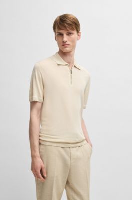 Linen-blend knit sweater with zip placket, Natural