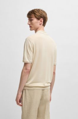 Linen-blend knit sweater with zip placket, Natural