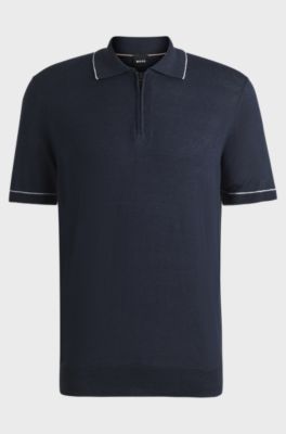 Linen-blend knit sweater with zip placket, Dark Blue