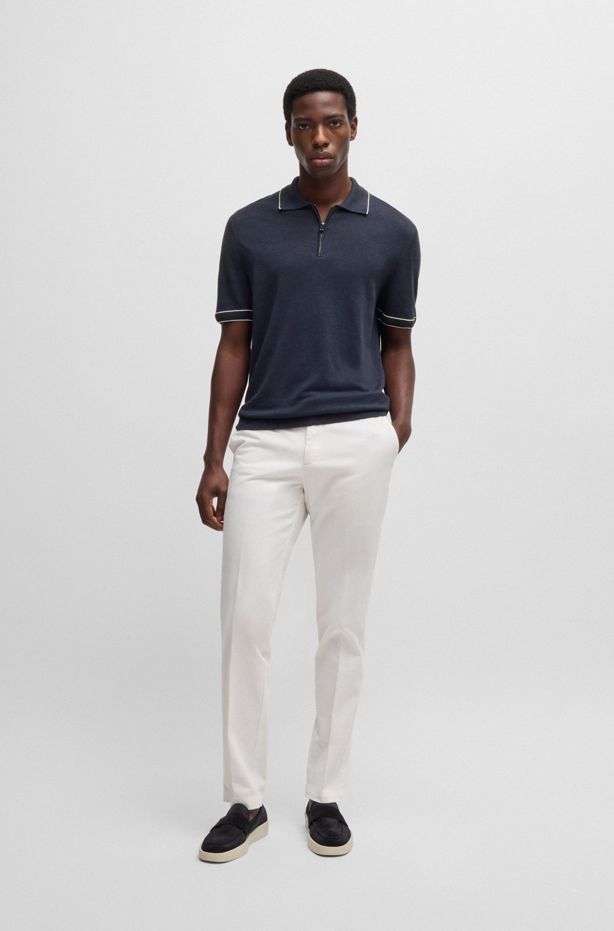 BOSS - Linen-blend knit sweater with zip placket - Dark Blue BOSS - Linen-blend knit sweater with zip placket - Dark Blue