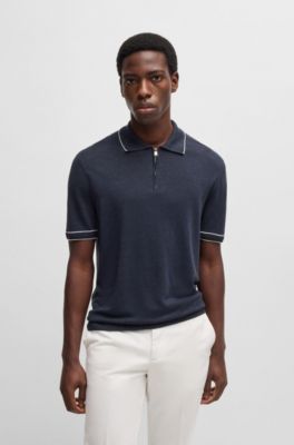 Pull en lin m&eacute;lang&eacute; &agrave; patte zipp&eacute;e, Bleu fonc&eacute;