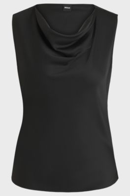 Sleeveless cowl-neck blouse in stretch silk, Black