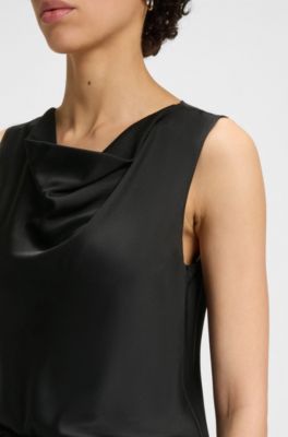 Sleeveless cowl-neck blouse in stretch silk, Black
