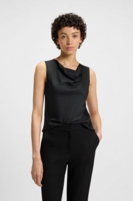 Sleeveless cowl-neck blouse in stretch silk, Black
