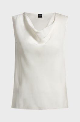 Sleeveless cowl-neck blouse in stretch silk, White