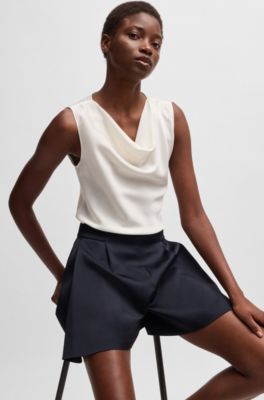 Sleeveless cowl-neck blouse in stretch silk, White