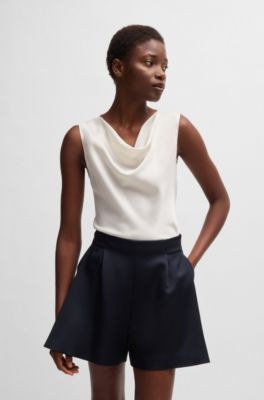 Sleeveless cowl-neck blouse in stretch silk, White