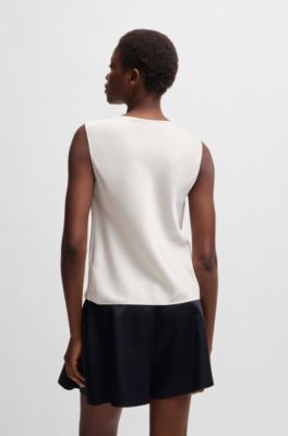 Sleeveless cowl-neck blouse in stretch silk, White