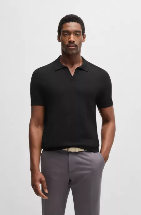 Cotton-blend knit sweater with Johnny collar