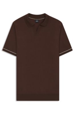 Cotton-blend knit sweater with Johnny collar, Dark Brown