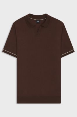 Cotton-blend knit sweater with Johnny collar, Dark Brown