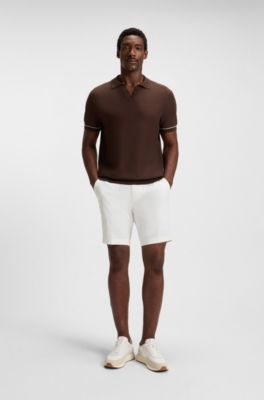 Cotton-blend knit sweater with Johnny collar, Dark Brown