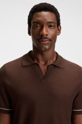 Cotton-blend knit sweater with Johnny collar, Dark Brown