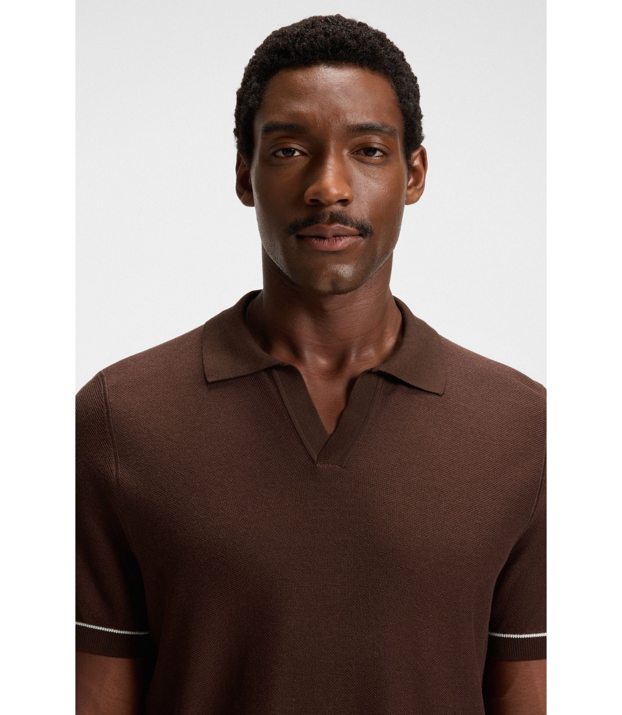 BOSS - Cotton-blend knit sweater with Johnny collar - Dark Brown