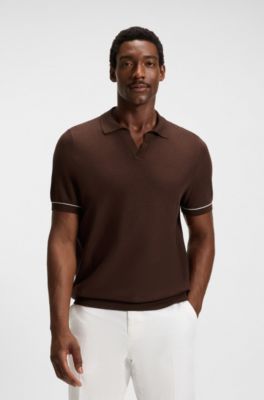 Cotton-blend knit sweater with Johnny collar, Dark Brown