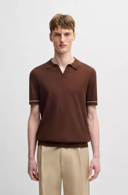Cotton-blend knit sweater with Johnny collar