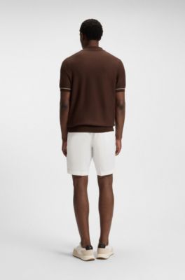 Cotton-blend knit sweater with Johnny collar, Dark Brown