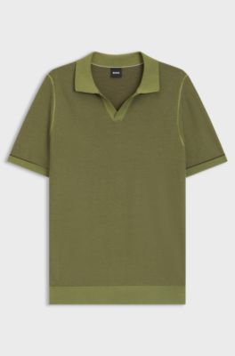 Cotton-blend knit sweater with Johnny collar, Green