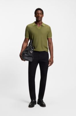 Cotton-blend knit sweater with Johnny collar, Green