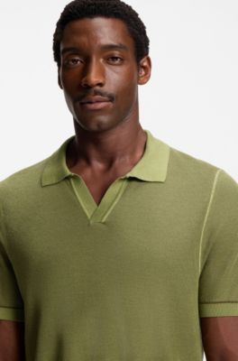 Cotton-blend knit sweater with Johnny collar, Green