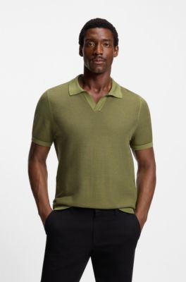 Cotton-blend knit sweater with Johnny collar, Green