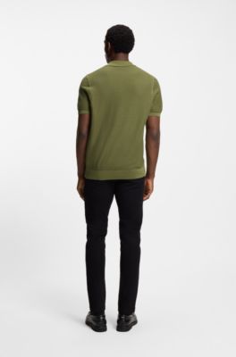 Cotton-blend knit sweater with Johnny collar, Green