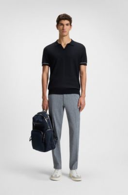 Cotton-blend knit sweater with Johnny collar, Dark Blue