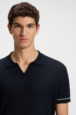 Cotton-blend knit sweater with Johnny collar, Dark Blue