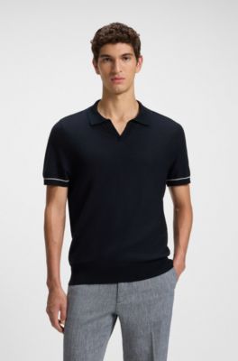 Cotton-blend knit sweater with Johnny collar, Dark Blue
