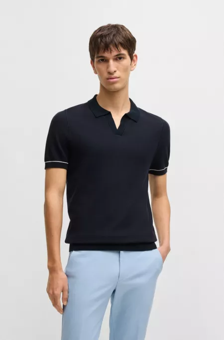 Cotton-blend knit sweater with Johnny collar