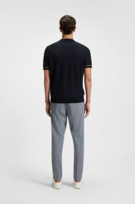 Cotton-blend knit sweater with Johnny collar, Dark Blue