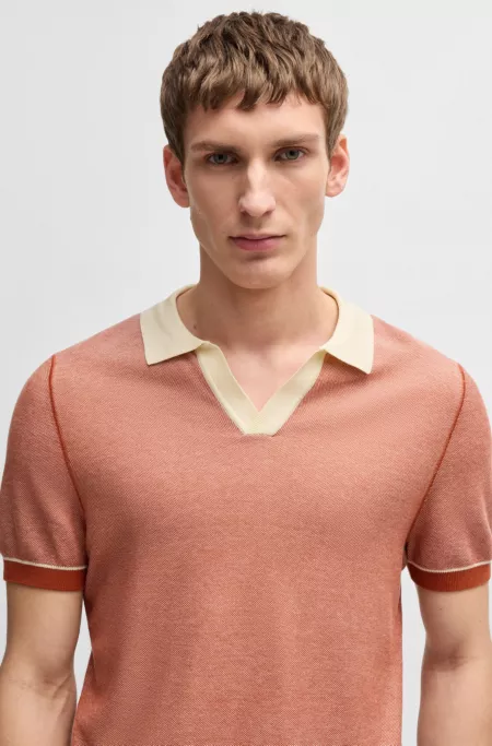 Cotton-blend knit sweater with Johnny collar