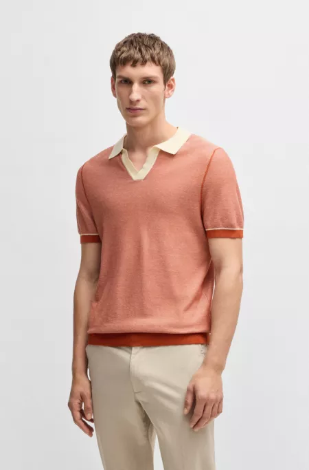 Cotton-blend knit sweater with Johnny collar