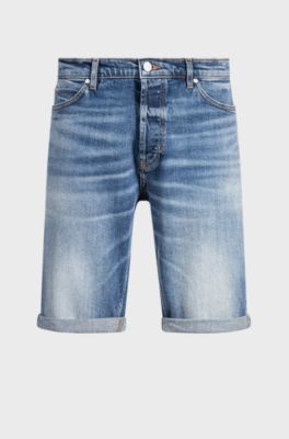 Tapered-fit shorts in blue comfort-stretch denim, Blue