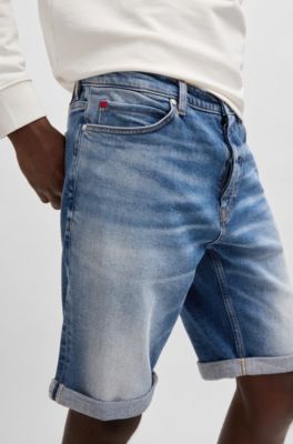 Tapered-fit shorts in blue comfort-stretch denim, Blue