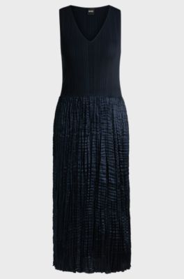 Knitted dress with lustrous structured skirt, Dark Blue