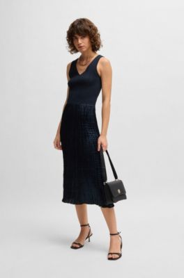 Knitted dress with lustrous structured skirt, Dark Blue
