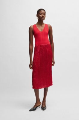 Knitted dress with lustrous structured skirt, Red