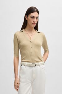 Knit sweater with collar and buttoned placket, Beige