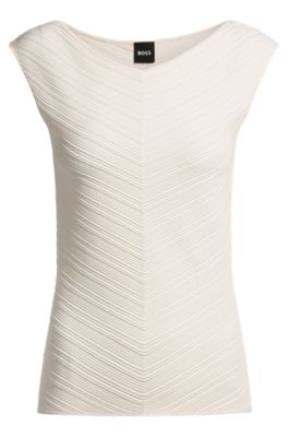 V-neck top with knitted structure, Natural