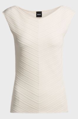 V-neck top with knitted structure, Natural