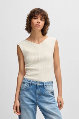 V-neck top with knitted structure, Natural