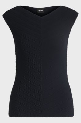 Top con cuello en pico y estructura de punto, Azul oscuro