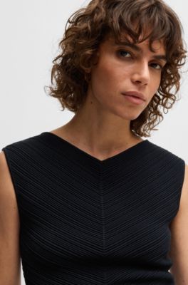 Top con lavorazione a maglia e scollo a V, Blu scuro